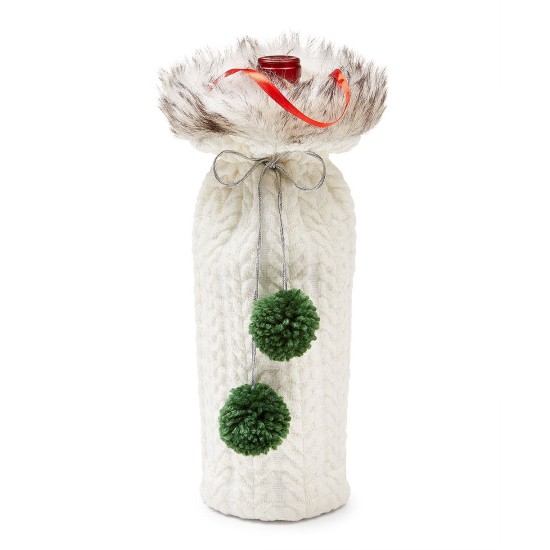  Cozy Christmas White Knit Sweater Bottle Cover with Pompoms