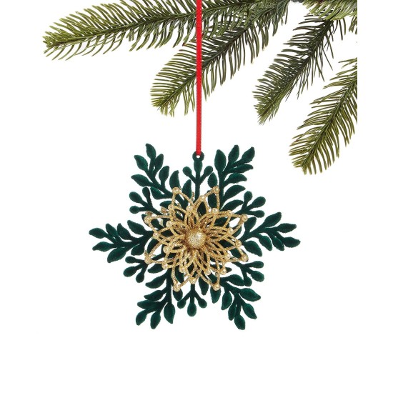  Evergreen Dreams Flocked and Glittered Snowflake Ornament, Green/Gold