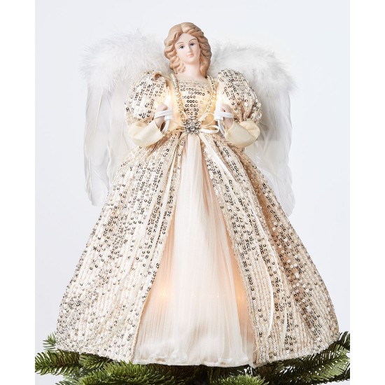  Lighted Angel Tree Topper with Ivory and Gold Sequin Dress