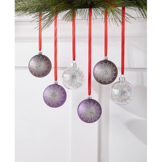  Royal Holiday Set of 6 Shatterproof Gray, Purple & Clear Ball Ornament