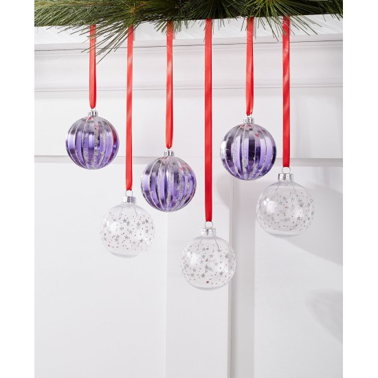 Royal Holiday Set of 6 Shatterproof Purple & Clear Decorated Ball Ornament