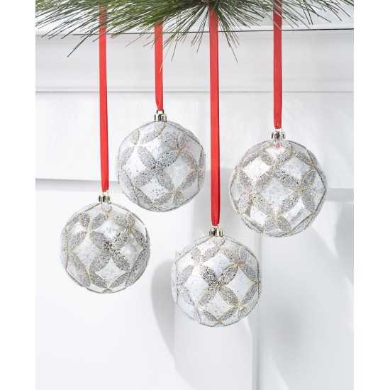  Shine Bright Set of 4 Decorated Silver-Tone Shatterproof Ball Ornament