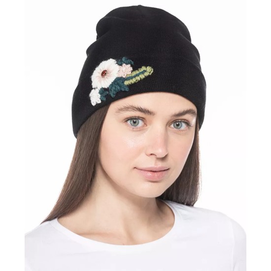 Inc International Concepts Floral Embroidered Beanie Black One Size