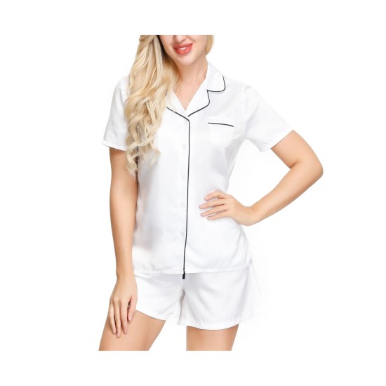  Women’s Short Sleeve Notch Collar Pajama Top and Short Set, White, X-Large