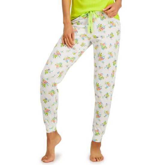  Women’s Knit Jogger Pajama Lounge Pants, Neon Floral, Medium