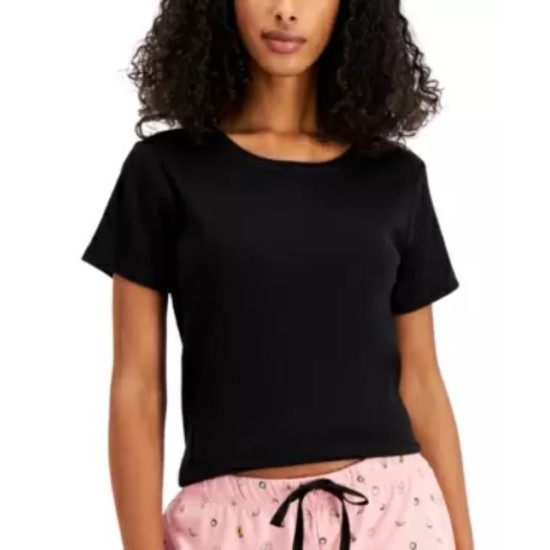  Ribbed-Knit Pajama T-Shirt, Black, Large