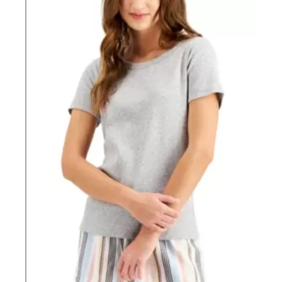  Ribbed-Knit Pajama T-Shirt, Gray, Large