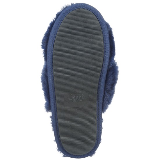  Women’s Crisscross Faux Fur Slide Boxed Slippers, Navy, Medium