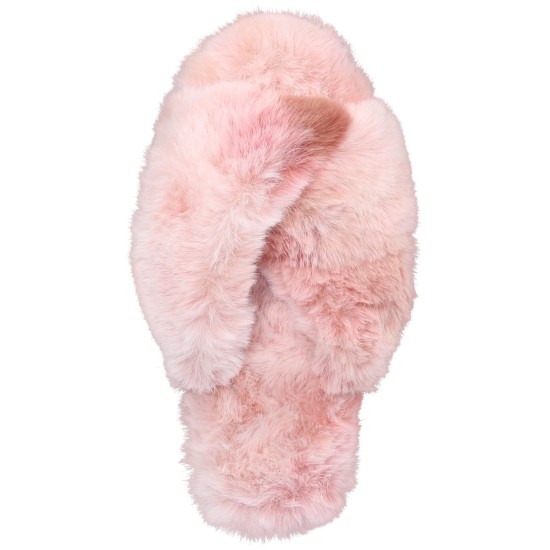  Women’s Faux-Fur Solid Crossband Slippers, Pink, X-Large