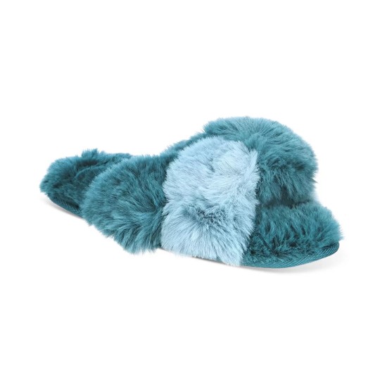  Women’s Faux-Fur Solid Crossband Slippers, Blue, Small