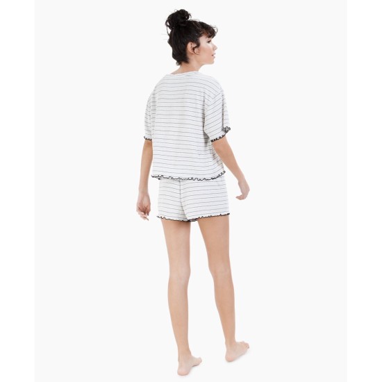  Women's Lettuce-Edge Pajama Shorts Sets, White, Large