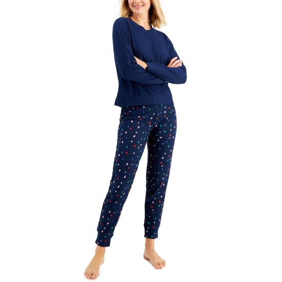  Women’s Long Sleeve Waffle Pajama Top and Jogger Set, Navy, XX-Large