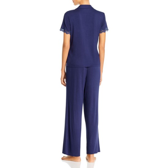  Lace-Trim Jersey Knit Pajama Set, Navy, Small