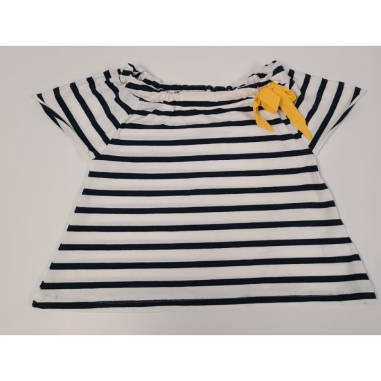  Girls Ruched Drawstring Boat Neck Nautical Striped Peruvian Cotton Short Sleeve T-Shirt, Navy, 3