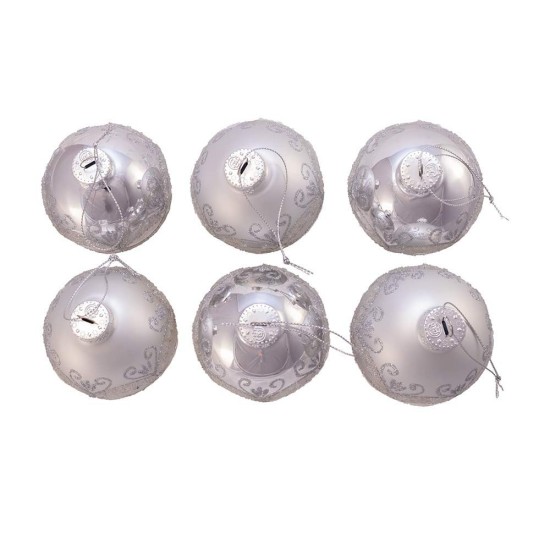  80MM Matte and Shiny Silver with Glitter Glass Ball Ornaments, 6 Piece Box