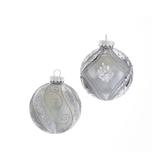  80MM Matte and Shiny Silver with Glitter Glass Ball Ornaments, 6 Piece Box