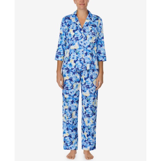  3/4 Sleeve Notch Collar Long Pants Pajama Sets, Blue/White, Small