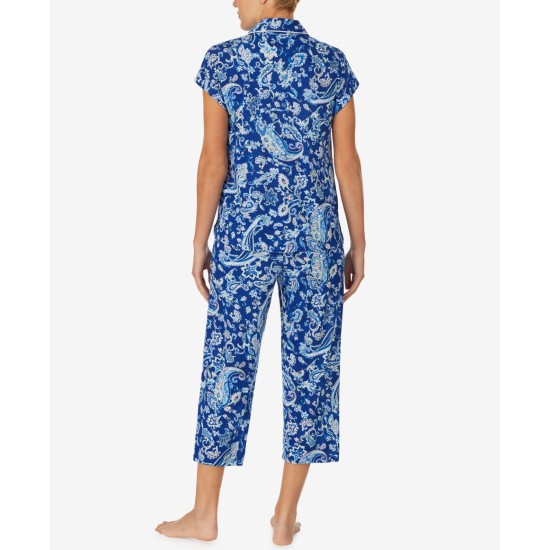  Dolman Sleeve Notch Collar Capri Pants Pajama Sets, Paisley Blue, Large