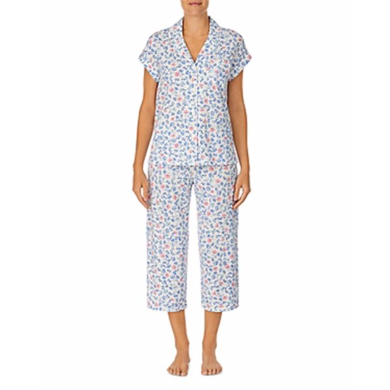  Dolman Sleeve Notch Collar Capri Pants Pajama Sets, White/Blue, X-Large