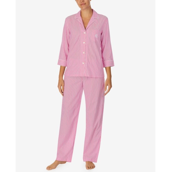  Printed Three-quarter Sleeve Pajama Set, Pink Stripe, Large