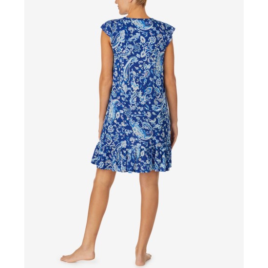  Women’s Printed Ruffle-Trim Nightgown, Blue Paisley, Large