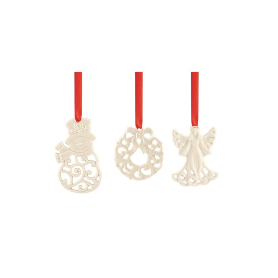  Christmas Ornaments Set of 3 – Snowman, Wreath, Angel, Ivory