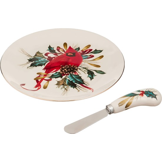  Winter Greetings Cheese Plate And Knife Set, Ivory