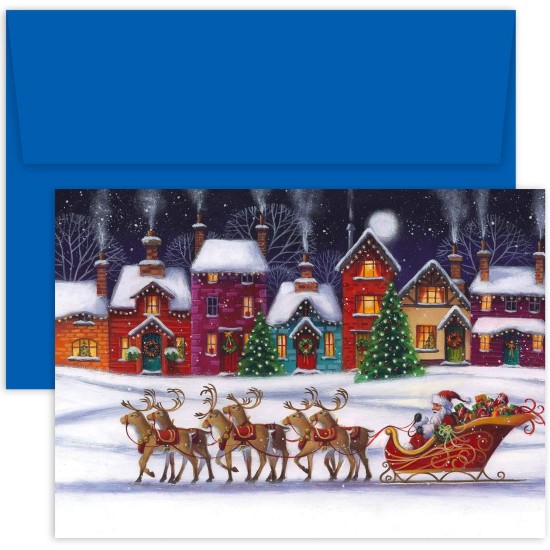  Hollyville 16-Count Boxed Christmas Cards & Envelopes in Keepsake Box, 7.8″ x 5.6″, Santa & Sleigh