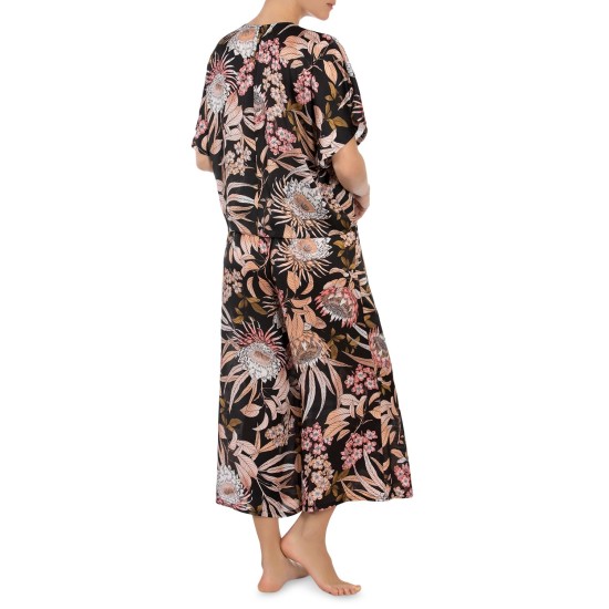 Midnight Bakery Women’s Floral Satin Crop Pajamas, Black/Peach, Medium
