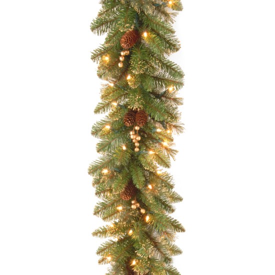  9′ x 10″ Glittery Pine Garland with 100 Clear Lights, Green