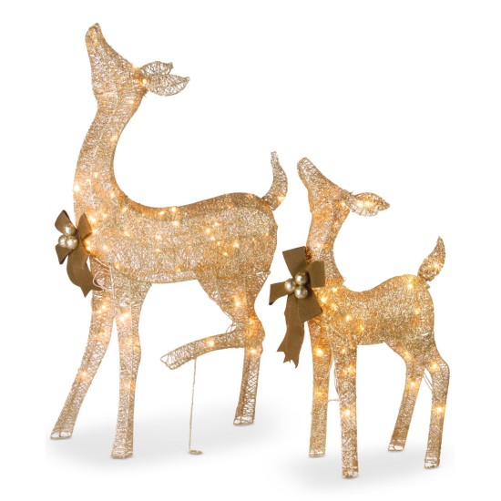  Crystal Splendor Champagne 38″ Doe & 28″ Fawn With 105 Total Mini Lights, Set of 2
