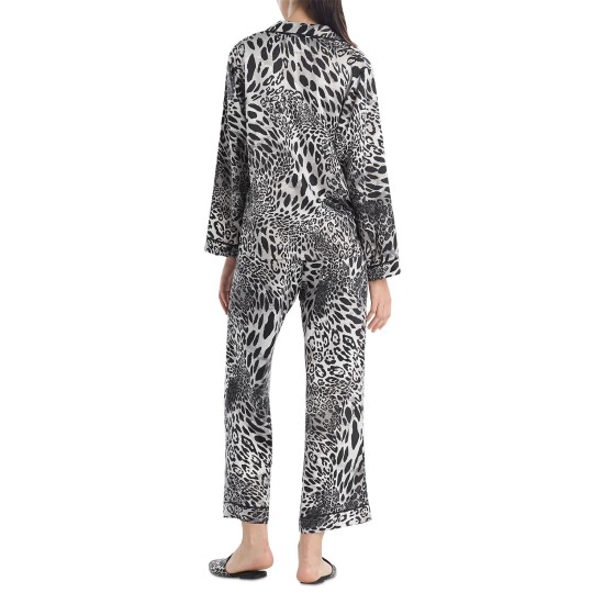  Women’s Animal Print Satin Pajama Set, Black, X-Small