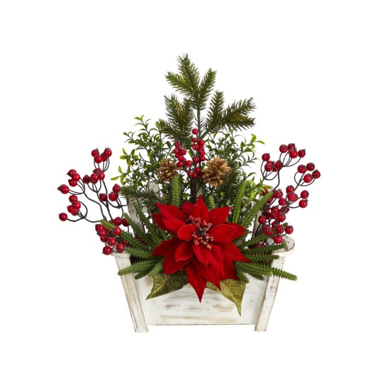  18in. Poinsettia, Succulent and Berry Artificial Arrangement in Bench Planter, Red