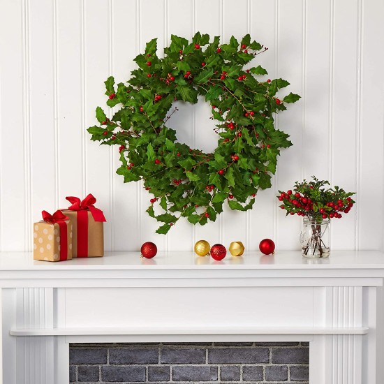  28in. Holly Berry Artificial Wreath, Green