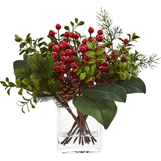  Berry, Pine and Boxwood Artificial Silk Arrangements Red