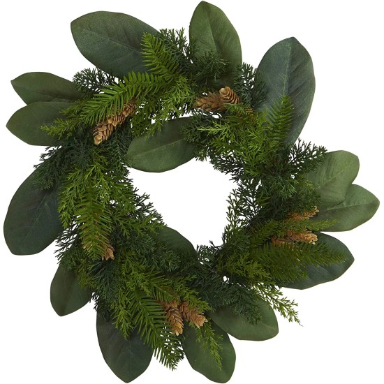  Magnolia Leaf and Mixed Pine Artificial Wreath with Pine Cones