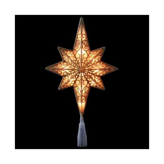  10″ Lighted Gold Frosted Star of Bethlehem with Scrolling Christmas Tree Topper – Clear Lights