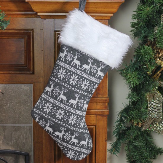  Reindeer and Snowflake Knit Christmas Stocking with Faux Fur Cuff, 19.5″, White/Gray
