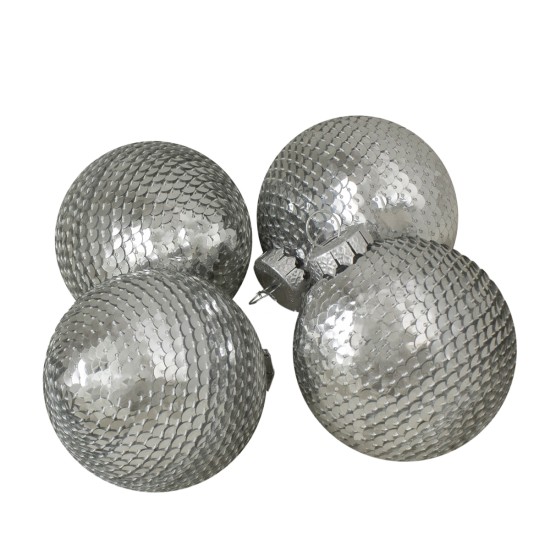  Shiny Silver Sequin Christmas Ball Ornaments – 4 Piece