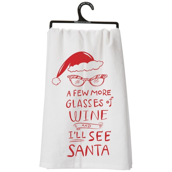 ”A Few More Glasses of Wine and I’ll See Santa” Tea Towel, 28″ x 28″