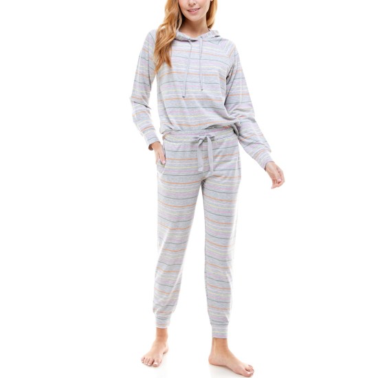  Printed Hoodie & Jogger Pants Loungewear Set, Gray Stripe, X-Large