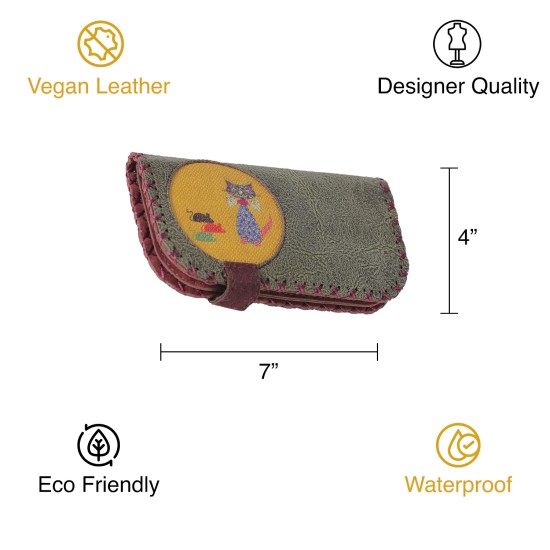  Handmade Womens Vegan Wallet Water-based Print Eco Friendly Faux Leather Wallet, Green, Cats and Mice