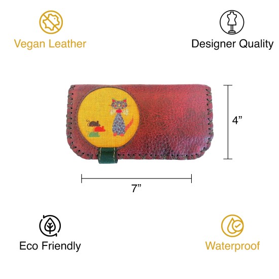  Handmade Womens Vegan Wallet Water-based Print Eco Friendly Faux Leather Wallet, Red, Cats and Mice