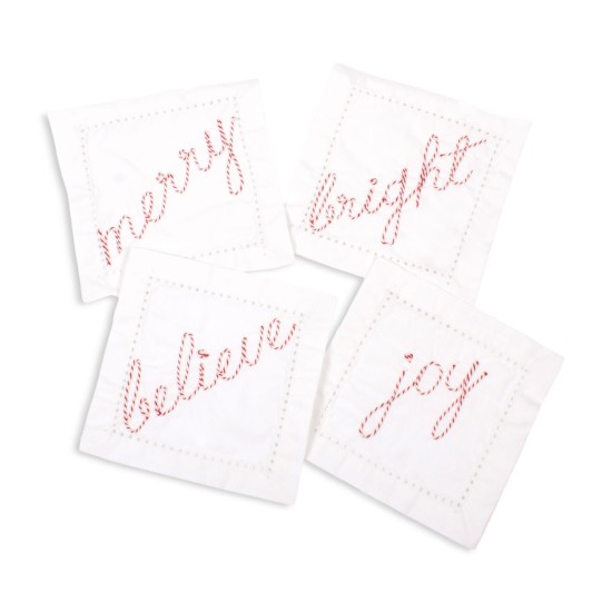  Cotton Embroidered Candy Cane Cocktail Napkins, Set of 4, White