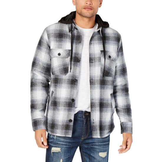  Men’s Plaid Hooded Shirt Jackets, Black/White, X-Large