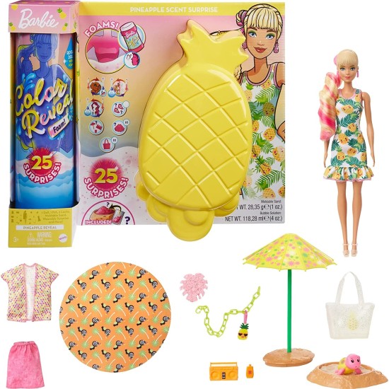  Color Reveal Foam! Doll & Pet Friend with 25 Surprises: Scented Bubble Solution, Outfits, Hair Extension, Kid Bracelet & Charm Hidden in Sand; Sunny Pineapple-Theme; for Kids 3 Years & Up