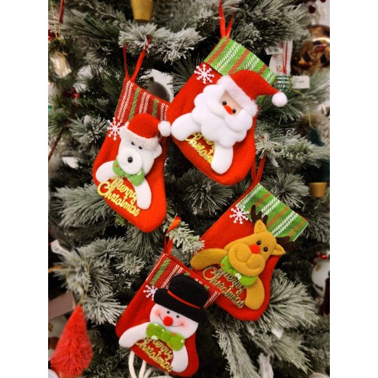 , Set of 4, 3D Christmas Theme Stockings Gift & Candy Bag & Tableware Holder Ornament Animated Santa Reindeer Snowman Dog, Green and Red Stripes, Set of 8