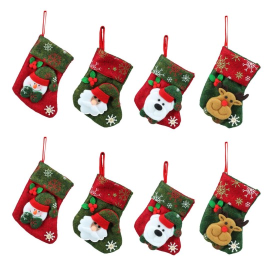 , Set of 4, 3D Christmas Theme Stockings Gift & Candy Bag & Tableware Holder Ornament Animated Santa Reindeer Snowman Dog, Snowflake, Set of 8