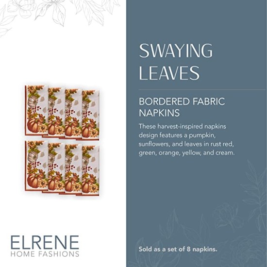  Home Fashions Swaying Leaves Bordered Fall Napkins, Seasonal Dinner Napkins for Formal or Everyday Use, 17″ x 17″, Set of 8