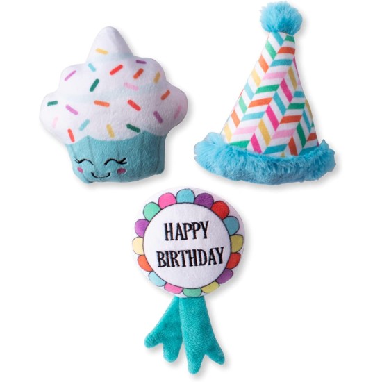  Plush Dog Toy Set, Happy BARK-Day!, 3 Piece Set, for Small Dog, Blue